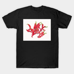 Red Cayenne Peppers on White, Colored Pencil T-Shirt